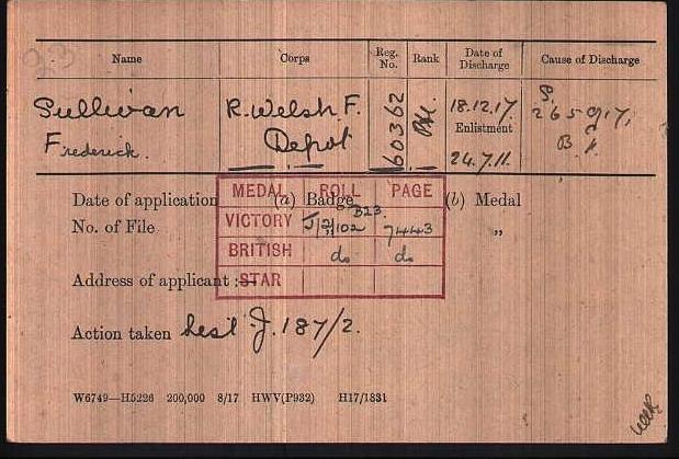 Medal Roll of Honour Fred Sullivan