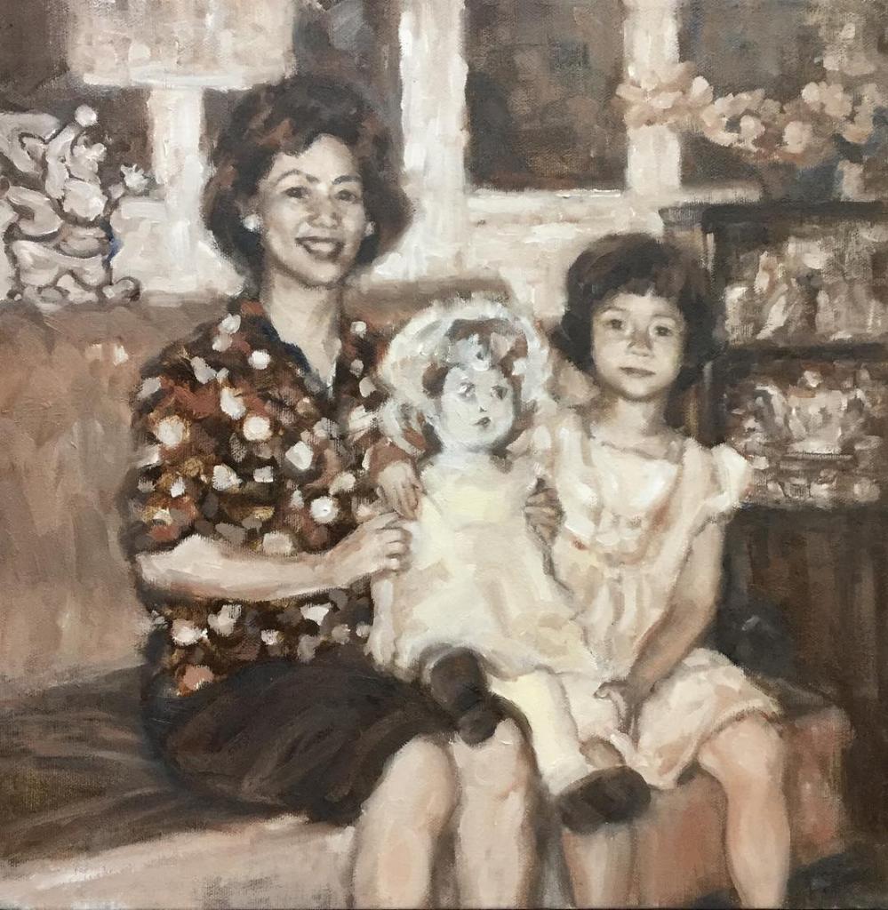 Mom and Doll and Me 14"x14" oil Mom and Doll and Me by Gloria Chow